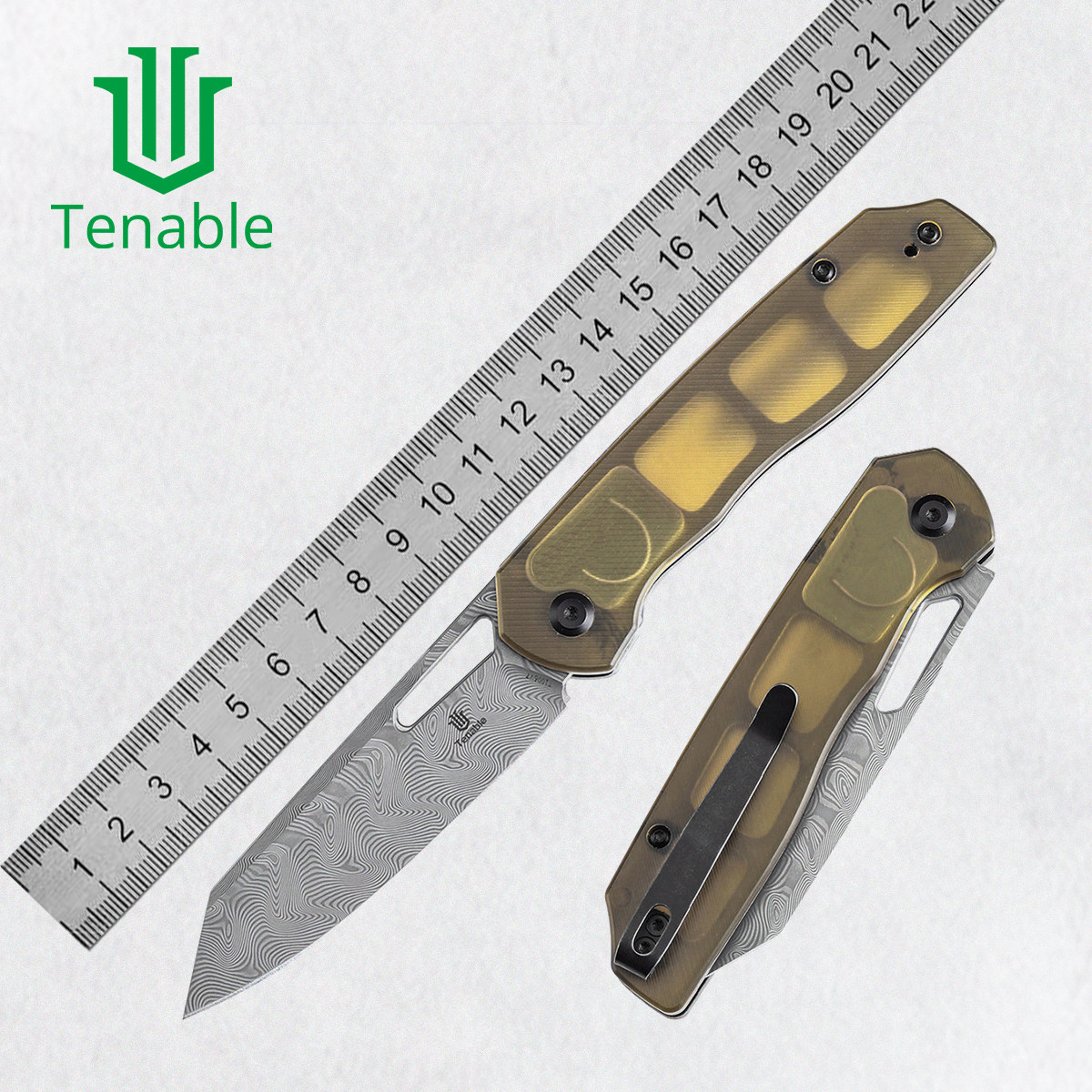 Tenable Shard 琥珀色PEI手柄大马士革钢反tanto折刀EDC战术收藏