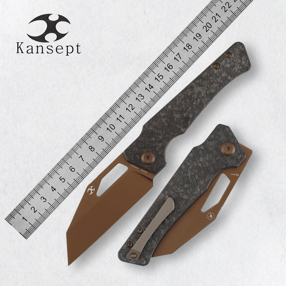 Kansept前置快开CPM-S35VN粉末钢玫瑰金涂层碳纤维户外EDC折叠刀