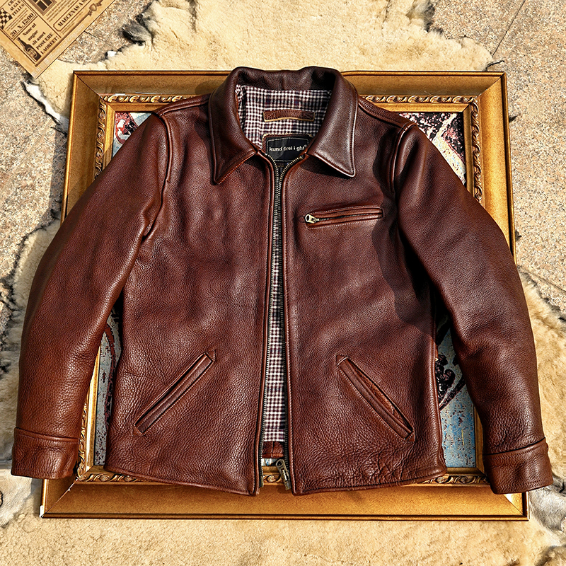 厚重机车1930翻领真皮夹克