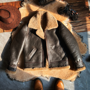B3原生态皮毛一体飞行服男真皮皮衣机车大码 皮夹克加厚皮草外套潮