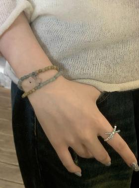 「晚川清野」新中式木纹珠拼接手串仿天然石双层小众设计手链2024