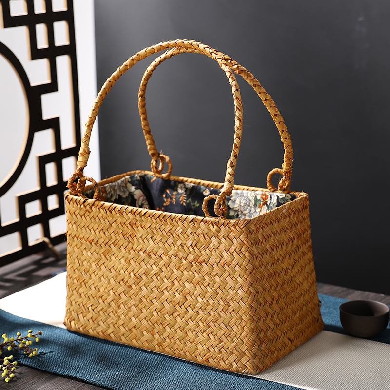 复古蒲草编织手提包提篮收纳篮