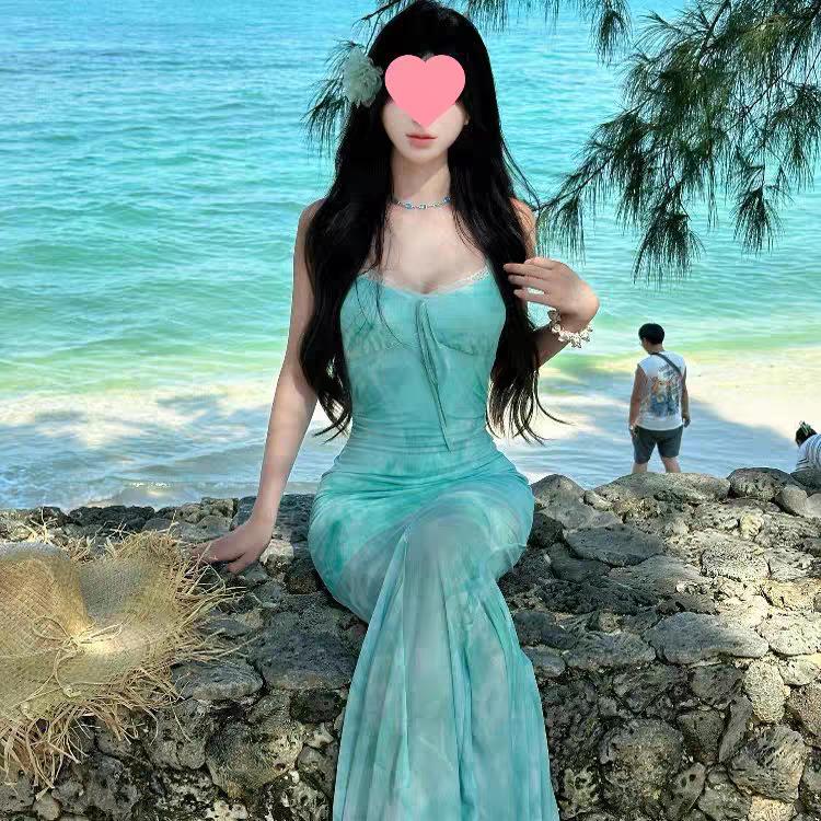 法式浅绿色印花网纱吊带连衣裙女连体泳衣