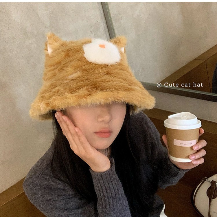 渔夫帽子女秋冬季显脸小高颜值猫咪毛绒保暖加绒大头围韩系百搭款