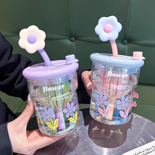 高颜值女生花朵玻璃杯可爱吸管杯