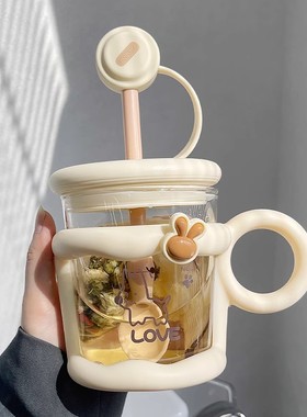 高颜值玻璃杯家用马克杯可爱耐热水杯女生吸管带勺盖办公室咖啡杯