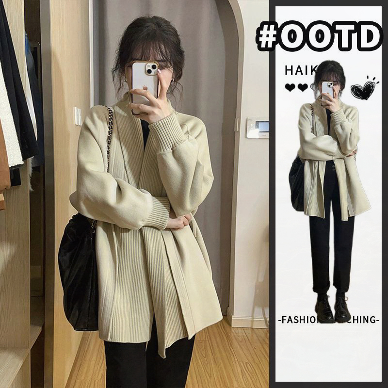 杏色中长款毛衣外套女装针织开衫