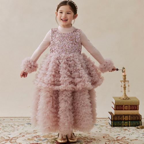 女童粉色网纱蛋糕蓬蓬裙亮片礼服