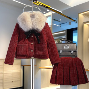 2025秋冬装 小女孩时髦拜年服喜庆红色两件套 小香风女童加厚套装