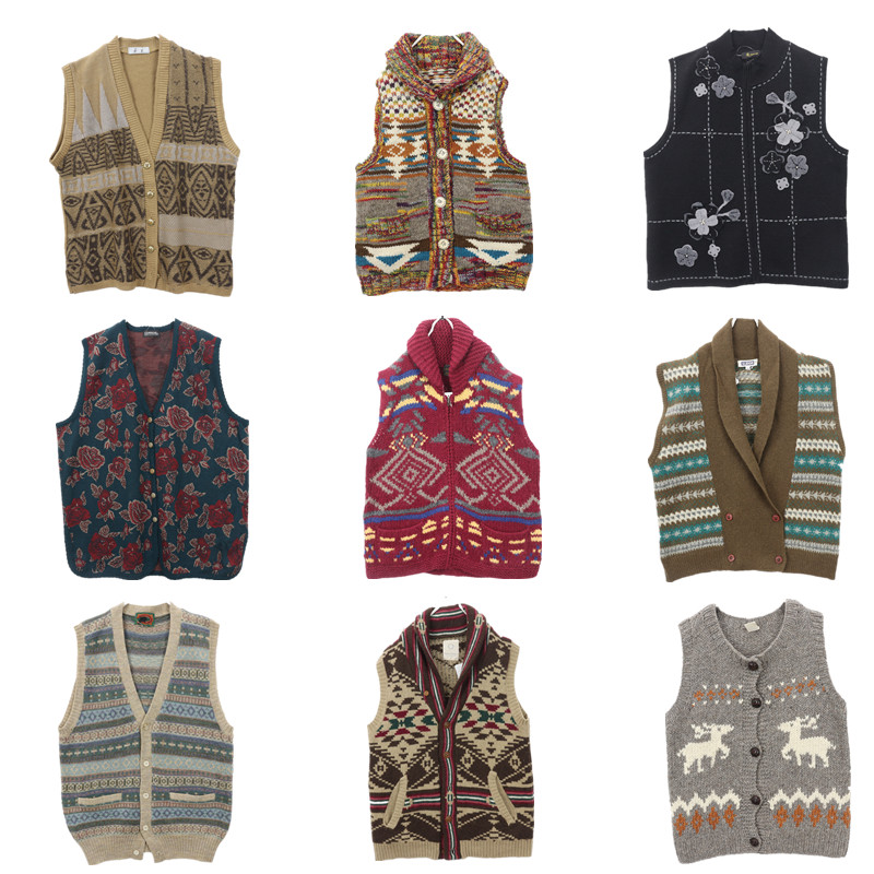 古着毛衣无袖V领马甲复古羊毛