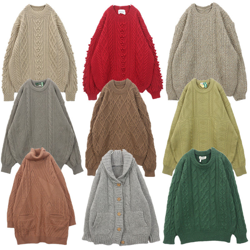 vintage古着毛衣森系手工编织钩花麻花豆豆衫甜美校园冬季外套B33