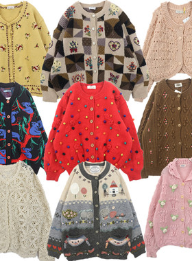 古着毛衣vintage复古手工编织重磅立体钩花羊毛开衫小清新甜美B63