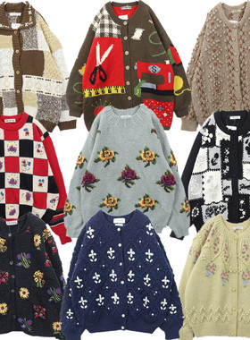 古着毛衣vintage复古手工编织重磅立体钩花羊毛开衫小清新盐系B44