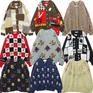 古着毛衣vintage复古手工编织重磅立体钩花羊毛开衫小清新盐系B44