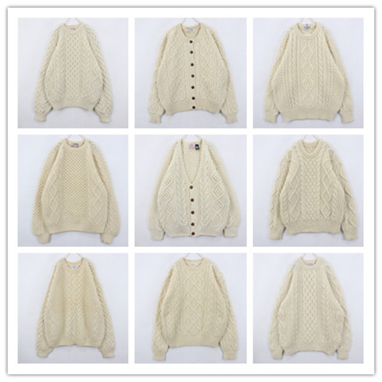 古着Vintage复古白色粗毛线毛衣清纯简约少女麻花森系羊毛衫B25