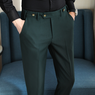 男式 秋冬新款 英伦修身 长裤 潮流男 墨绿色西装 商务百搭休闲小西裤 裤