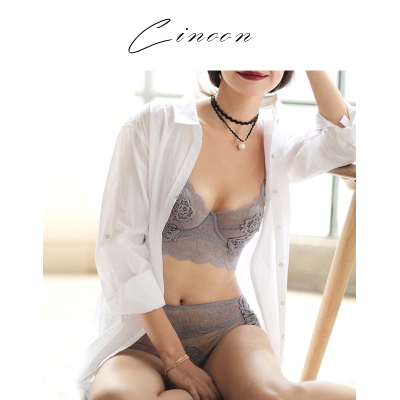 10-21新券欧美性感刺绣收副乳大胸显小透明内衣女无海绵超薄蕾丝文胸套装