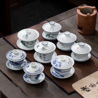 三才盖碗带盖泡茶杯手绘茶盏茶碗