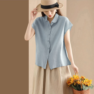 欧若风短袖女款爆款2025新款夏季纯棉宽松棉麻衬衣大码亚麻上衣潮