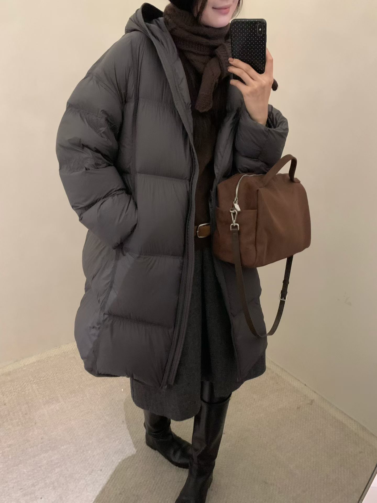 韩国CALOSCI时尚高级感长款松弛感连帽小个子90白鸭绒羽绒服8039