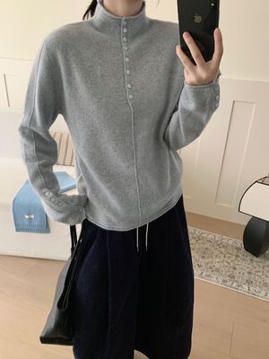韩国东大门时尚高级感半高领纽扣全羊毛针织衫女宽松显瘦毛衣开衫
