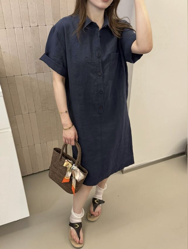 韩国X65276时尚设计感polo翻领短袖衬衫连衣裙女气质减龄显瘦百搭