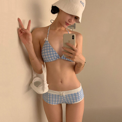 韩系纯欲格子性感辣妹比基尼分体小平角裤海岛度假温泉小胸聚拢