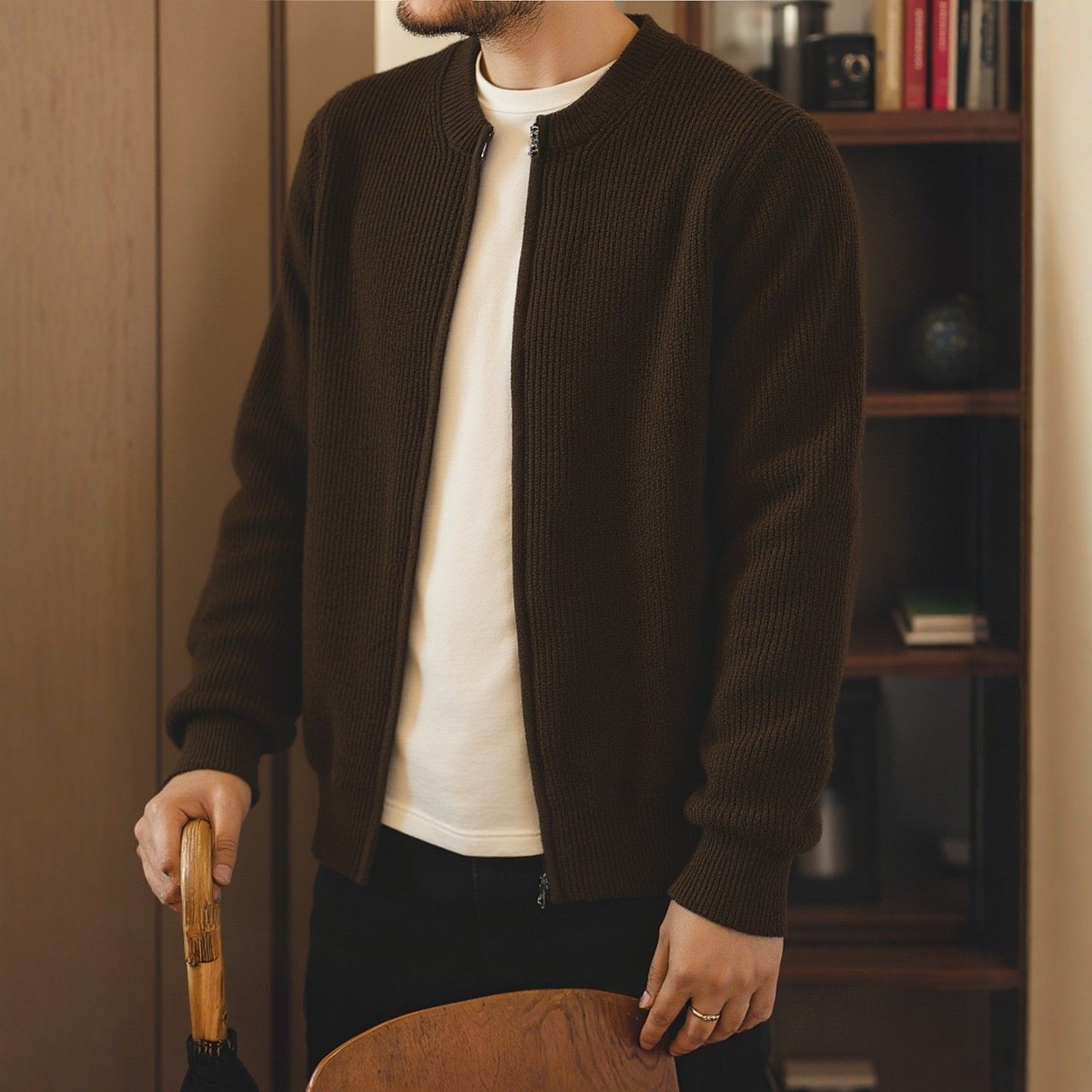 美式复古轻奢老钱风华夫格开衫毛衣男冬季拉链外套外贸男装针织衫,男装,针织衫/毛衣,淘宝优惠券,粉丝福利购,淘宝优惠卷