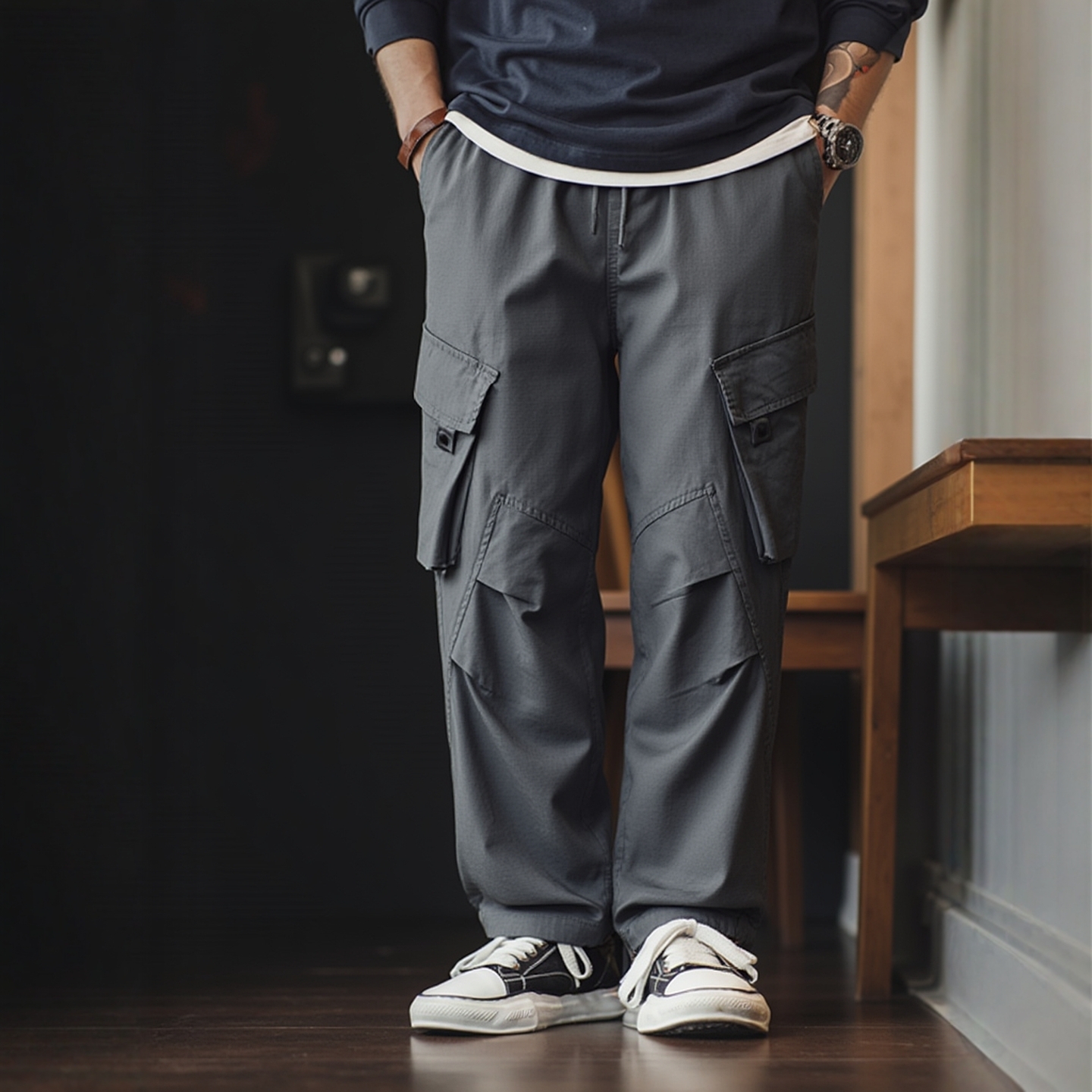 美式复古纯棉阔腿直筒伞兵工装裤