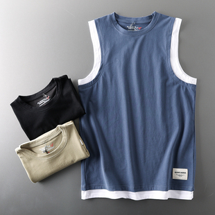 外贸美式 t恤 篮球坎肩纯棉跨栏假两件橄榄球背心高街男运动无袖