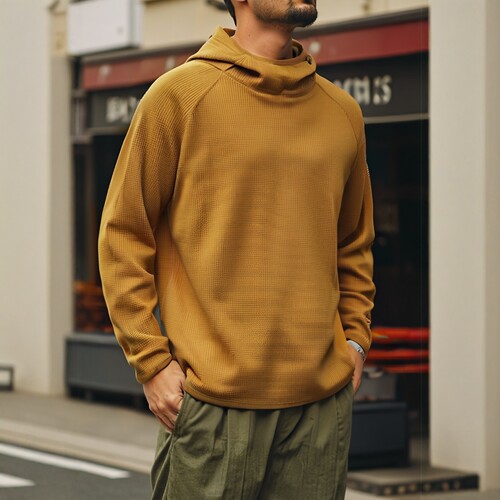 户外运动重磅华夫格高领连帽卫衣