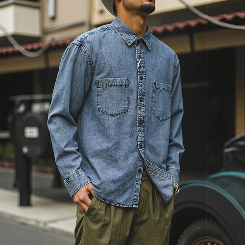 美式复古纯棉工装牛仔衬衫外套