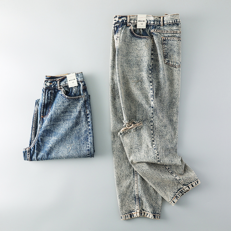 黄泥色水洗复古破洞牛仔裤