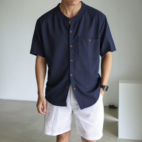 轻奢老钱风松弛立领短袖亚麻衬衫