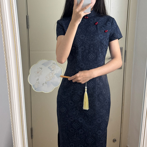 藏青复古新中式短袖显白显瘦旗袍