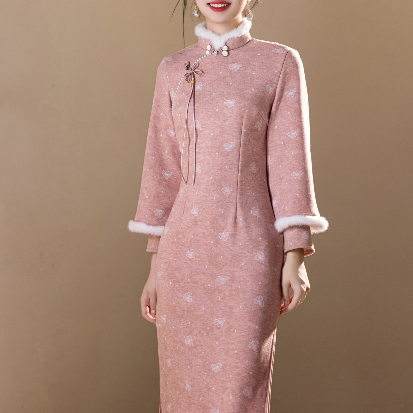 粉色新中式旗袍女秋冬季加绒保暖