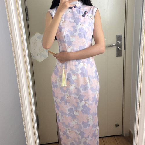 波尔菲紫色新中式无袖旗袍女显白