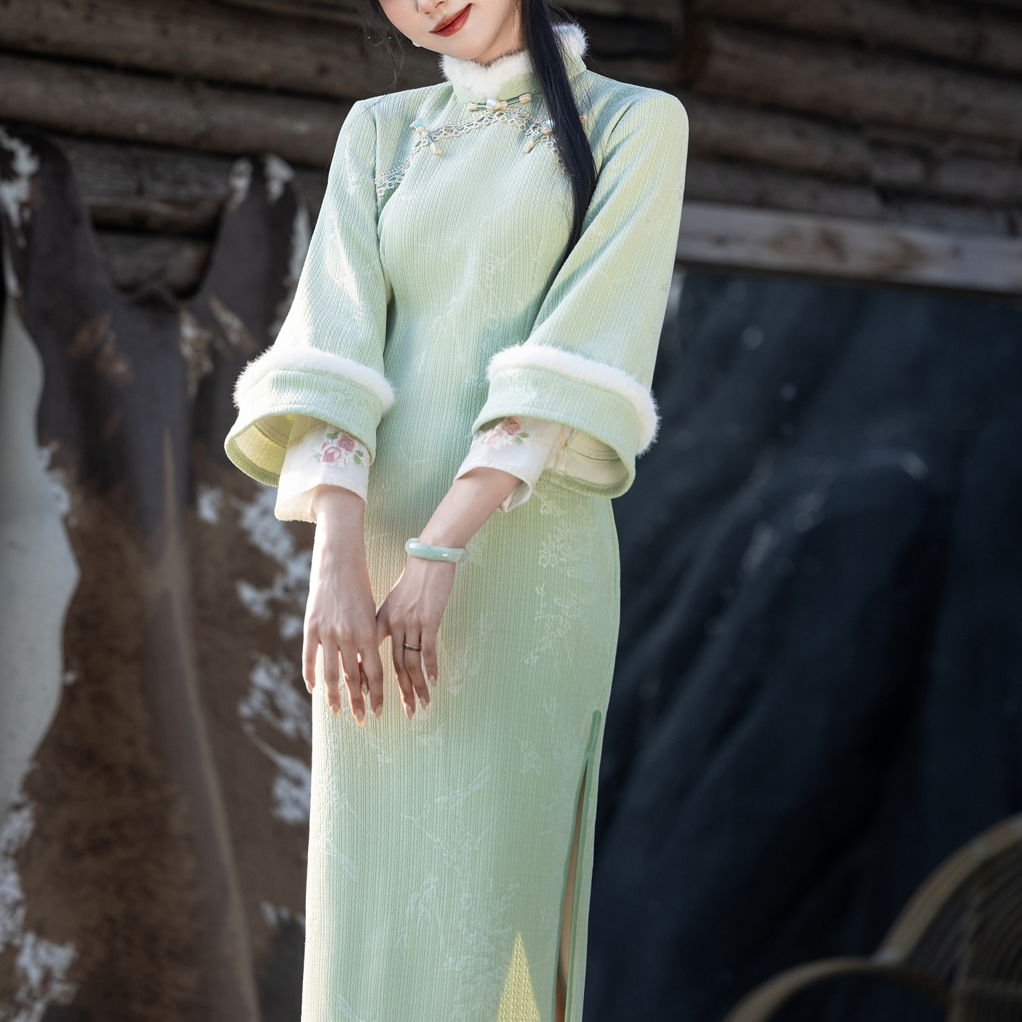 新中式绿色长袖旗袍女冬季年轻款