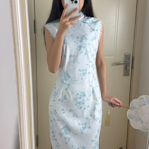蓝色复古新中式无袖薄款旗袍透气