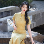改良日常复古风高考送考高级感长裙 短袖 新中式 黄色旗袍女春年轻款