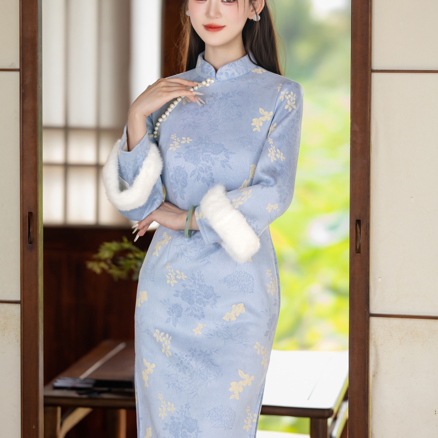 新中式蓝色加绒旗袍女秋冬连衣裙