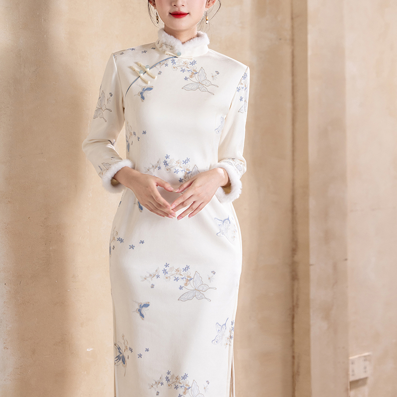 新中式长袖加绒加厚旗袍两件套女