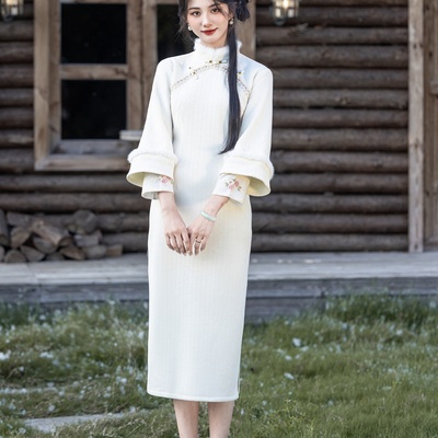 新中式白色旗袍女秋冬季加绒加厚