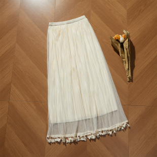 波尔菲2026春新款 淑女风压褶纱裙少女流苏边绝美旗袍搭配半身衬裙