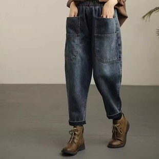 胖mm大码裤子中老年复古风牛仔裤女休闲牛仔裤宽松松紧腰大口袋