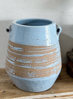 外贸vintage手工陶瓷花瓶摆件 双耳蓝色条纹花器 插花装饰品