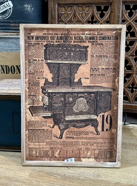 外贸样品美式乡村餐厅咖啡馆背景墙挂画老式铸铁炉灶旧报纸海报
