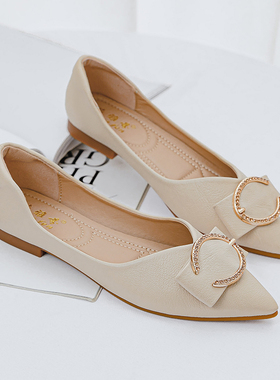 单鞋女尖头平底2023春秋新款浅口百搭四季黑色职业软底气质工作鞋