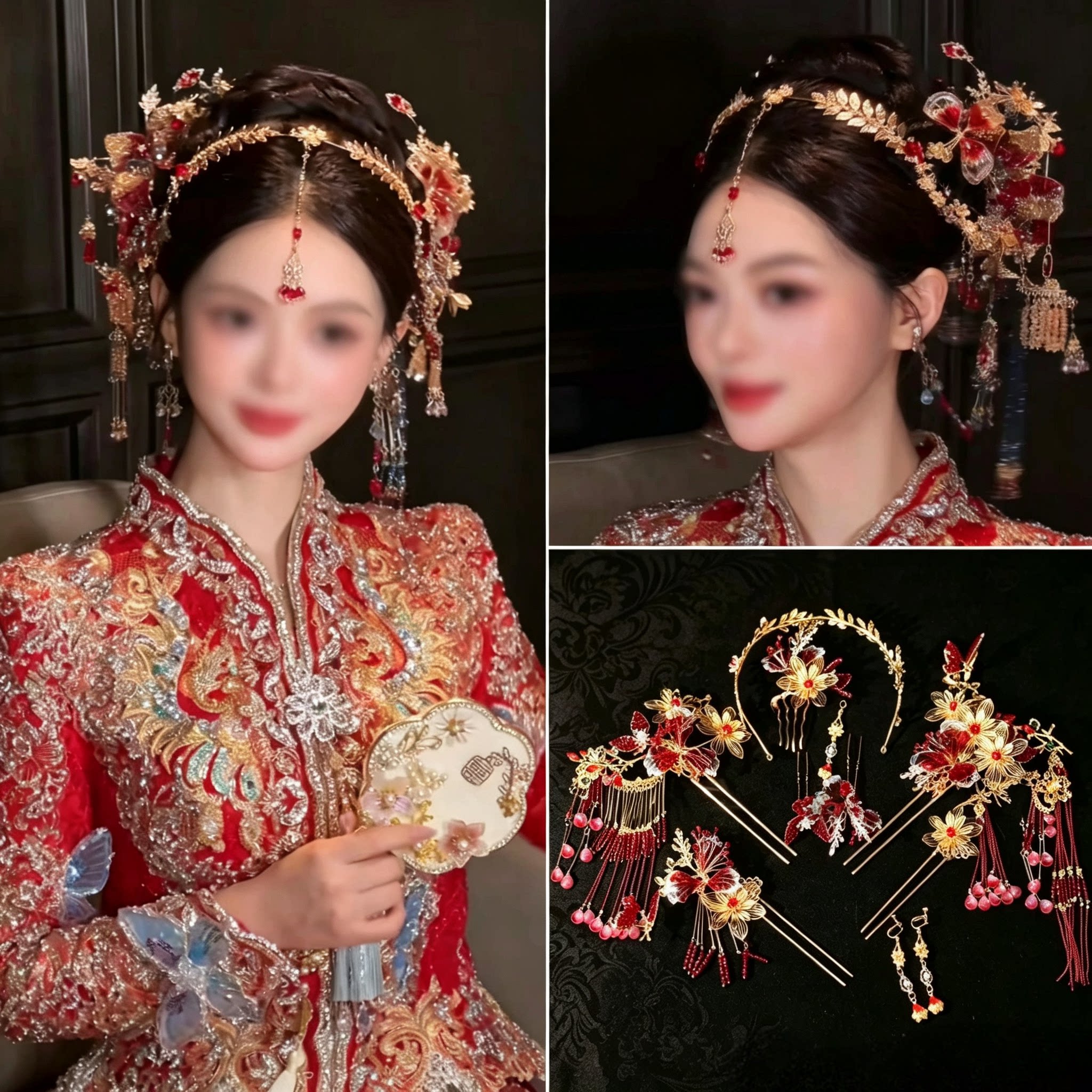 新中式红金大气秀禾头饰新娘结婚发饰典雅古典发簪中国风婚庆饰品