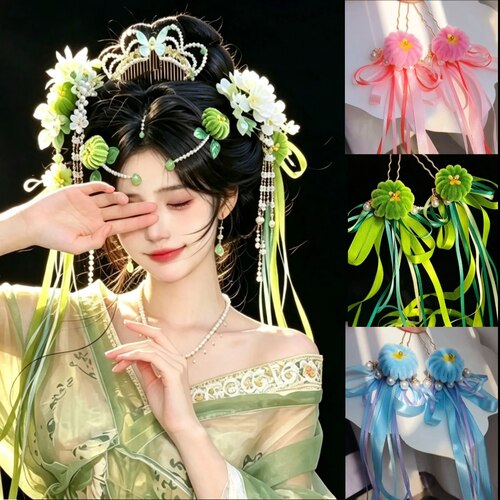 原创汉服古风超仙清新花朵头饰发夹蝴蝶结汉服发饰灵儿长飘带配饰